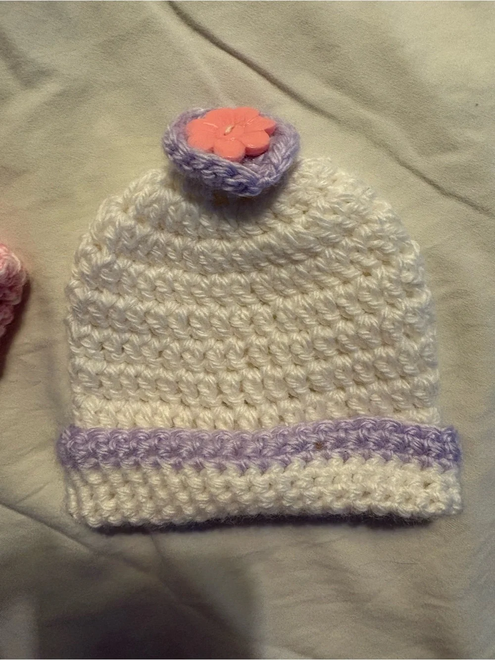 Handmade Pink and White Crochet Baby Hats - Soft Pom Beanie Set